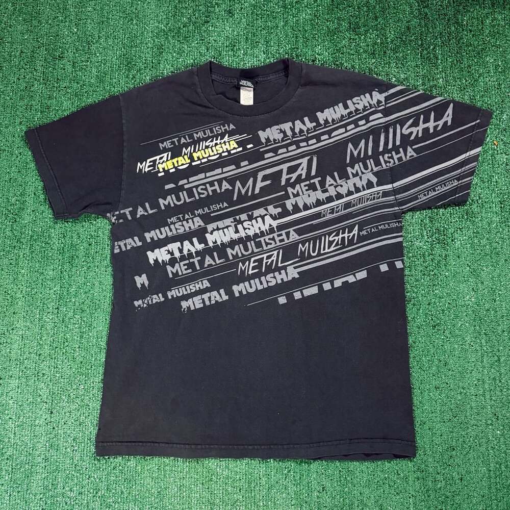 Y2K Mens Metal Mulisha Black T-Shirt Repeating Logo Design Large